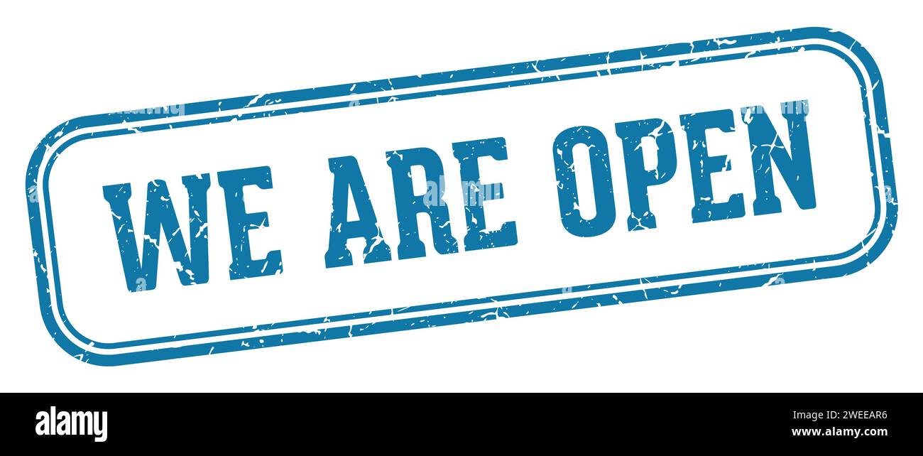 we are open stamp. we are open rectangular stamp isolated on white ...