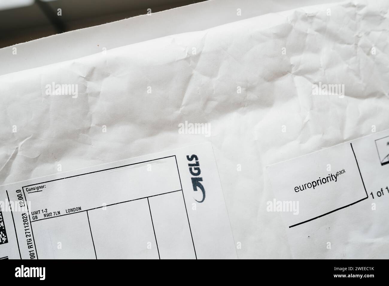 Bremen, Germany Dec 28, 2023 An envelope displaying the GLS logo and