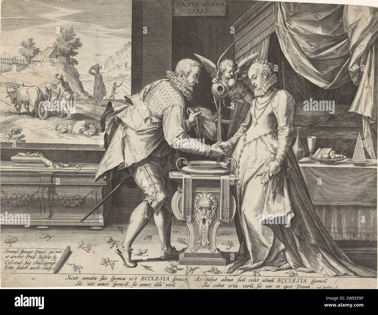 Allegory at marriage, Johann Sadeler (I), After Frederik Sustris, 1588 - 1595 print Cupido pours water over the hands of a man and woman who are opposite each other. At the rear right in the departure a four -poster bed. On the left through the window you can see a plowing farmer. The print has a Latin caption with a Bible quotation about marriage (Eph. 5). München paper engraving (personifications and symbolic representations of) Love; 'Amore (secondo Seneca)' (Ripa). 'Benevolenza et Unione matrimoniale', 'Concordia maritale' (Ripa). shaking hands, 'dextrarum junctio'. bed with tester. plough Stock Photo