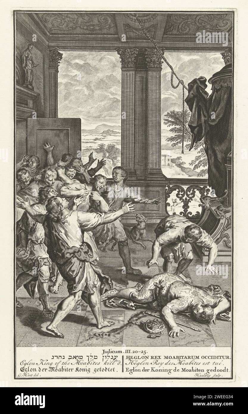 Eglon, the king of Moabiten is found dead, Adriaen Haelwegh, after Gerard Hoet (I), c. 1664 - c. 1696 print In an interior with classic columns and a glimpse on a wide landscape, Eglon, king of the Moabiten lies dead on the ground in a puddle of blood, his staff and headgear next to him. A number of men come through a door on the left, their hands are raised in despair. Under the show the name of the gospel and the verses, including the title of the performance in six languages. Northern Netherlands paper engraving Eglon is found dead Stock Photo