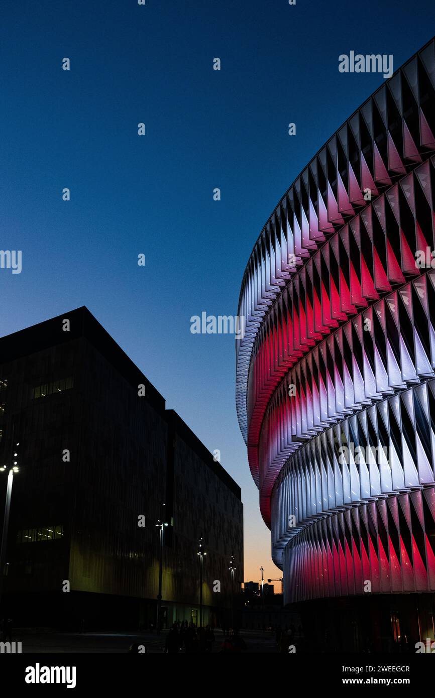 Exterior view of the San Mames Stadium photographed at sunset prior the Copa del Rey Quarter Final match between Athletic Club and FC Barcelona on January 24, 2024 in Bilbao, Spain. Photo by Victor Fraile / Power Sport Images Stock Photo