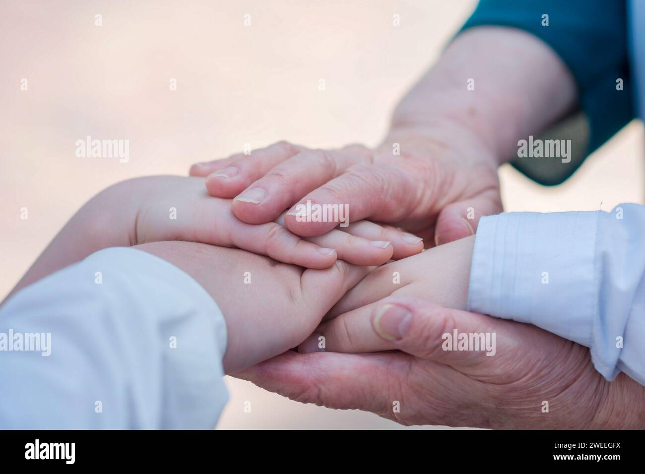 An old woman holds the hands of children in her palms Stock Photo - Alamy