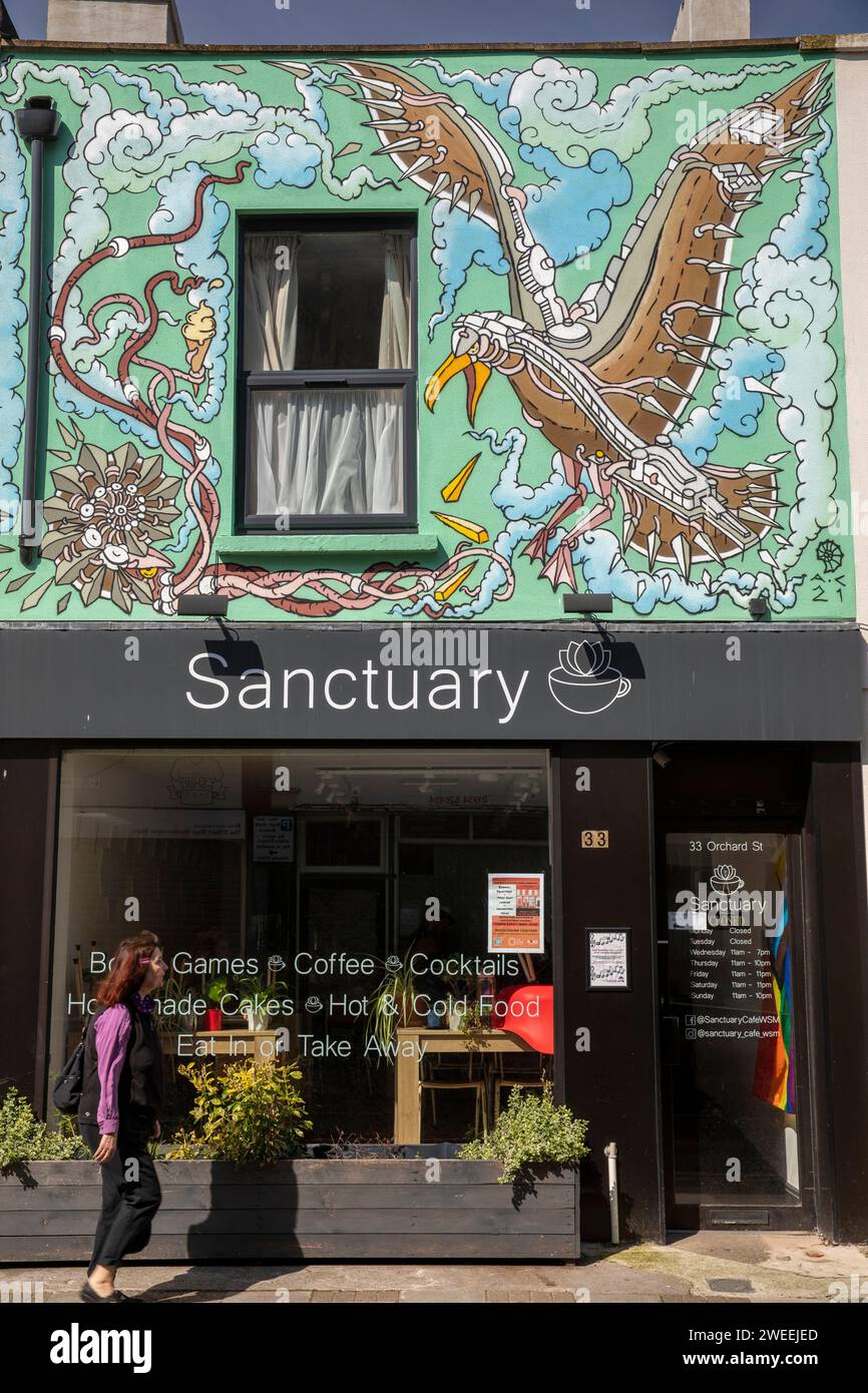 UK, England, Somerset, Weston-super-Mare, Town Centre, Street Art, psychedelic seagull above Sanctuary Coffee Shop Stock Photo