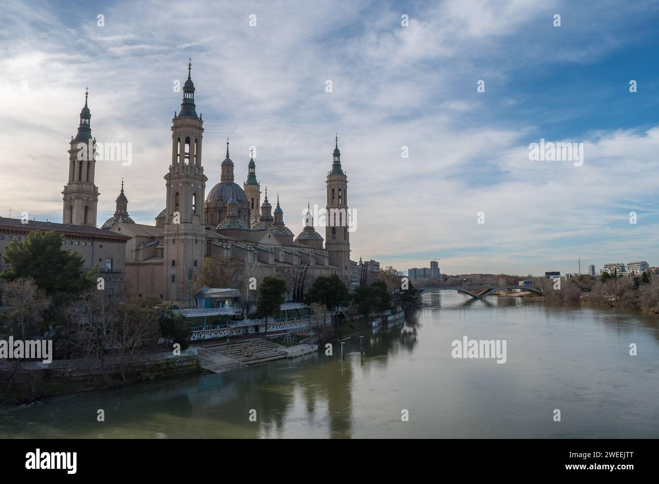 Cathedral-Basilica of Our Lady of the Pillar from Ebro river Stock Photo
