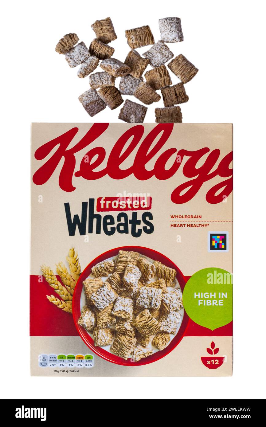 Box of Kelloggs frosted Wheats cereals opened with contents spilled spilt isolated on white background - high in fibre whole grain heart healthy Stock Photo