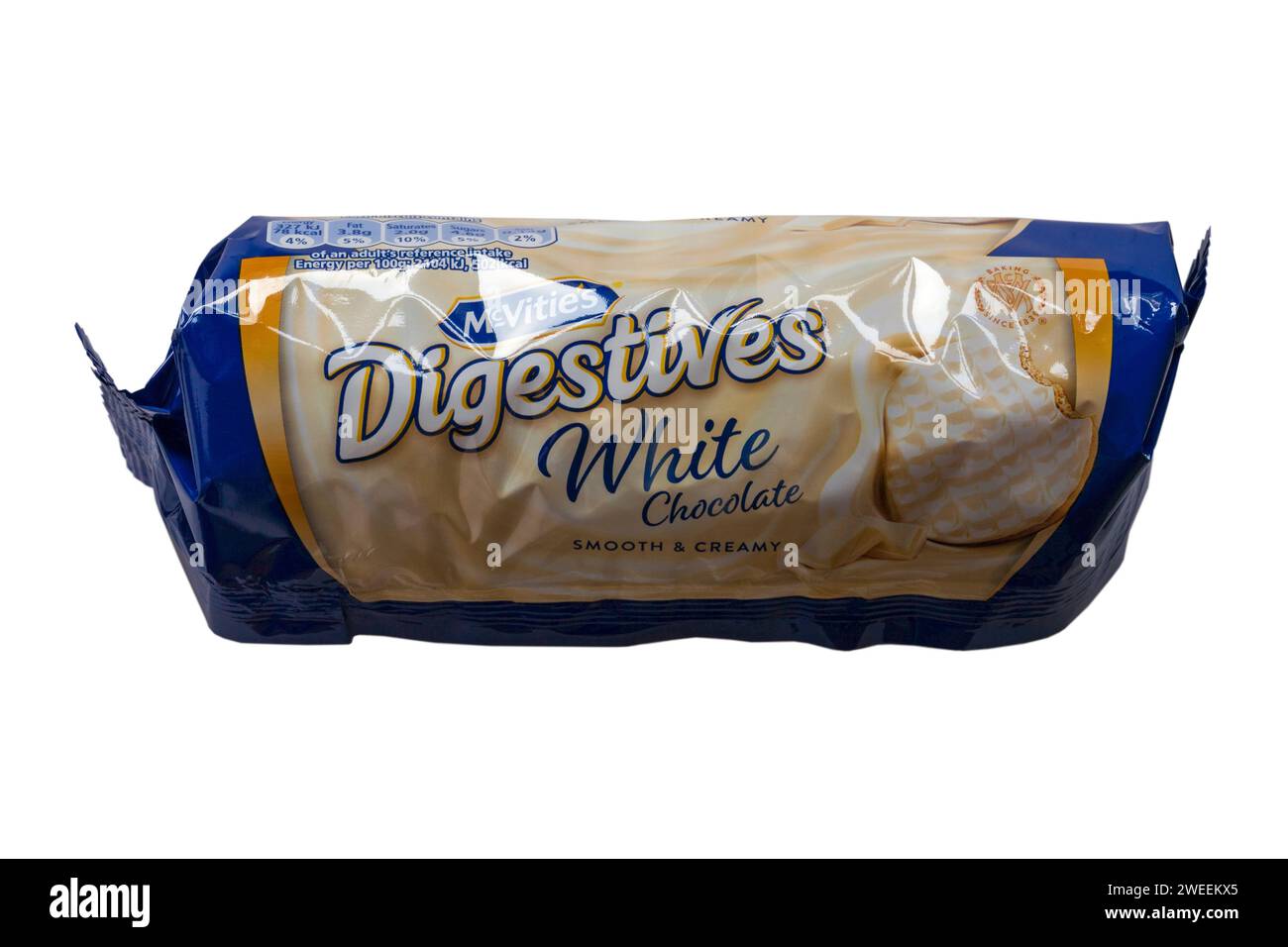 packet of McVitie's Digestives White Chocolate biscuits isolated on white background - smooth & creamy - UK Stock Photo