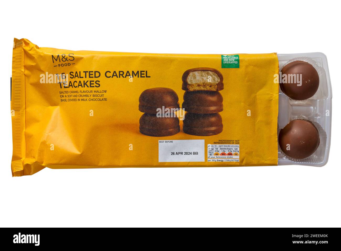 Pack of 16 Salted Caramel Teacakes from M&S opened to show contents isolated on white background Stock Photo