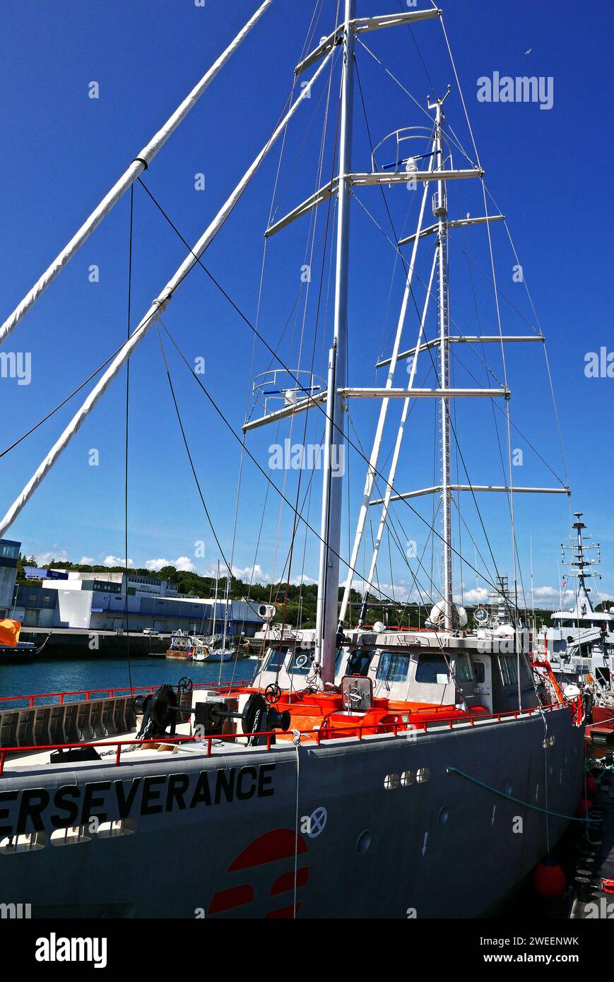 Perseverance, Dr Jean-Louis Etienne sailboat, Polar POD expedition, Concarneau port, Finistere, Bretagne, France, Europe Stock Photo