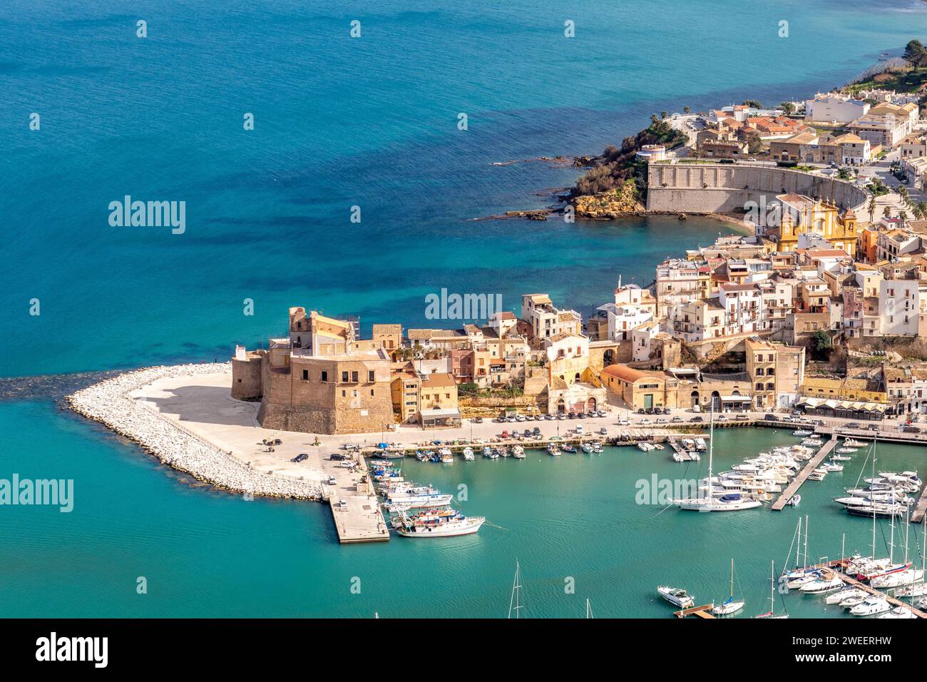 scenic view to skyline and old harbor of Castellamare, Sicily, Italy Stock Photo