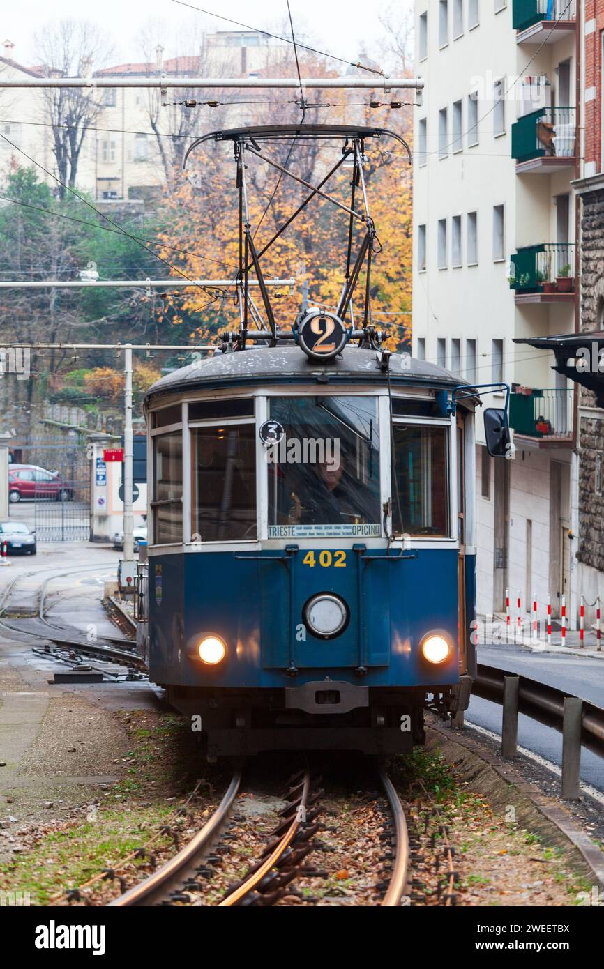 Trieste, Friuli Venezia Giulia, Italy - December 10, 2011: The Trieste - Opicina tramway (Tranvia, Tramvaj, Tram) was a rare example of hybrid tramway Stock Photo