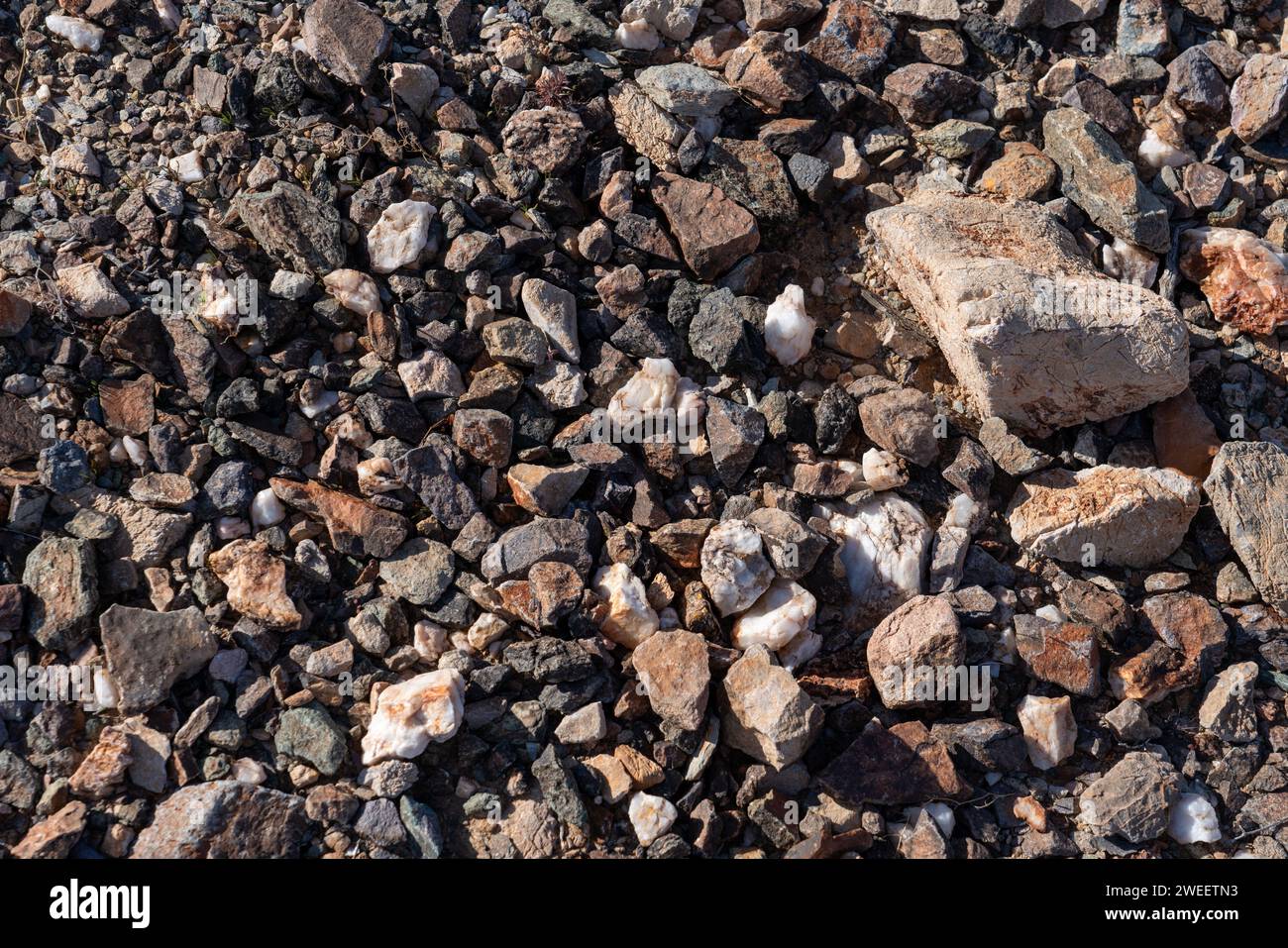 Quartz and other rocks on the ground of the Sonoran Desert near Quartzsite, Arizona. Stock Photo