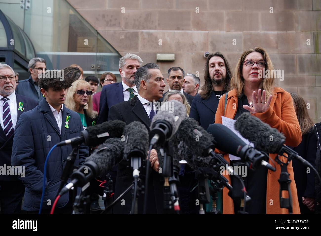 Emma Webber, mother of Barnaby Webber making a statement alongside relatives of the victims, outside Nottingham Crown Court after Valdo Calocane, who stabbed three people to death in Nottingham city centre and attacked three others, was sentenced to a hospital order after admitting manslaughter by diminished responsibility and attempted murder. Calocane stabbed students Barnaby Webber and Grace O'Malley-Kumar, both 19, and school caretaker Ian Coates, 65, in the early hours of June 13 last year. Picture date: Thursday January 25, 2024. Stock Photo