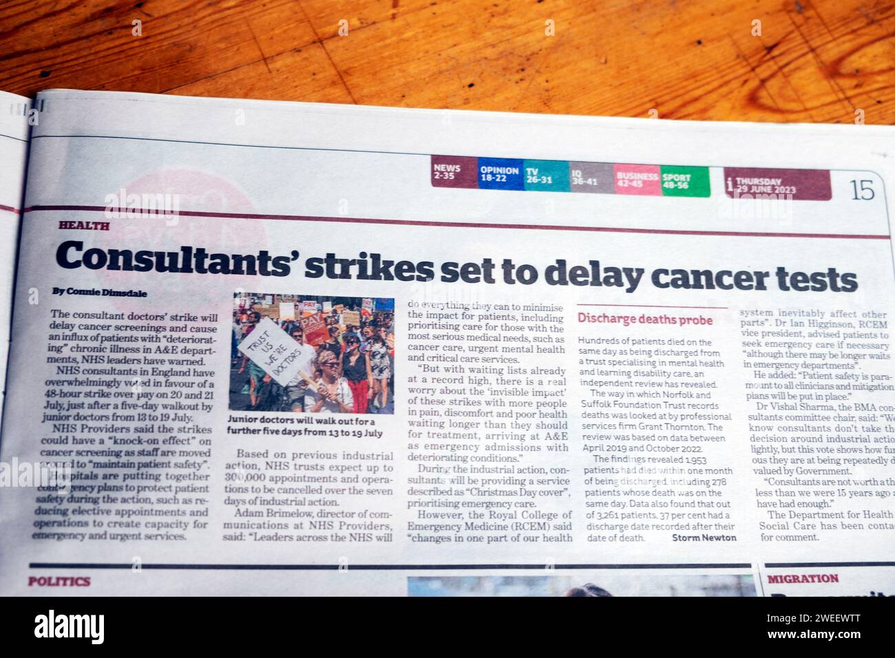 'Consultants' strikes set to delay cancer tests'  i newspaper headline NHS doctors strike health article 29 June 2023 London England UK Great Britain Stock Photo