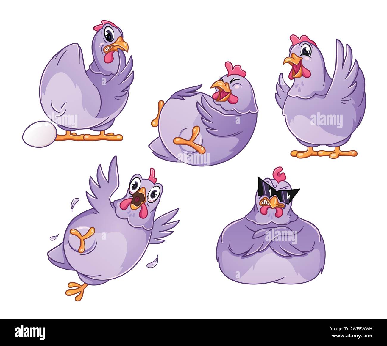 Hen, chicken with different emotions, set of vector illustrations Stock Vector