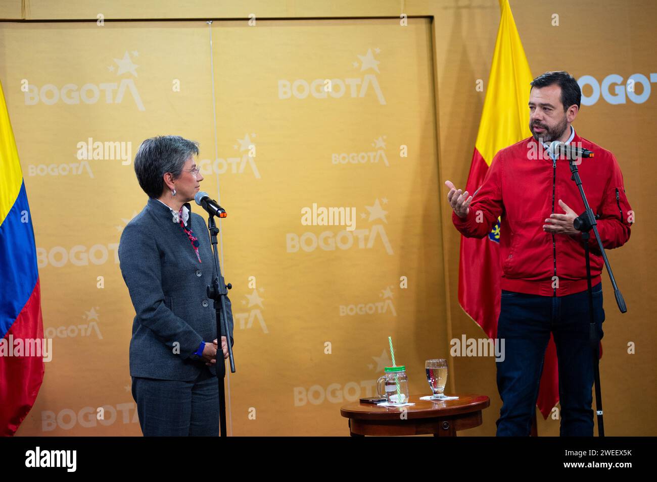 Bogota's mayor Claudia Lopez (L) and mayor-elect Carlos Fernando Galan (R) during a press conference after a meeting between the Bogota's mayor Claudi Stock Photo