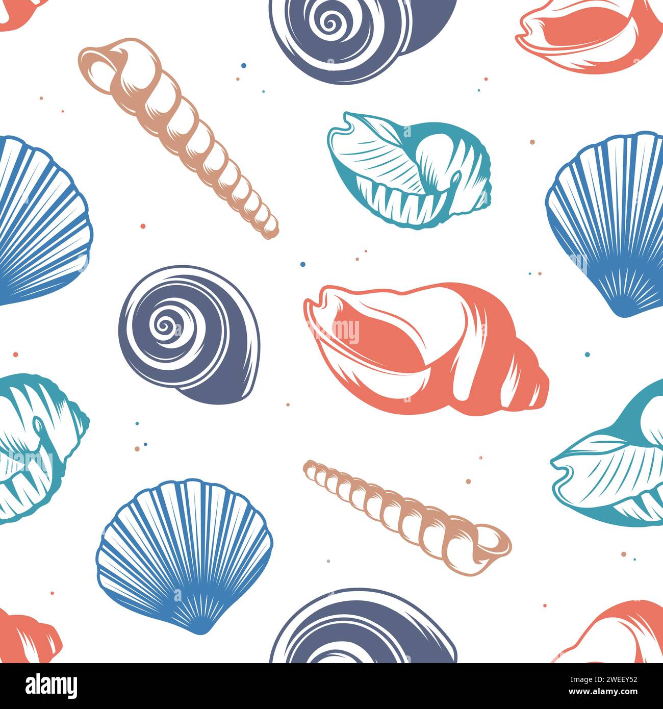 Seashells, conches seamless pattern, sea beach background Stock Vector