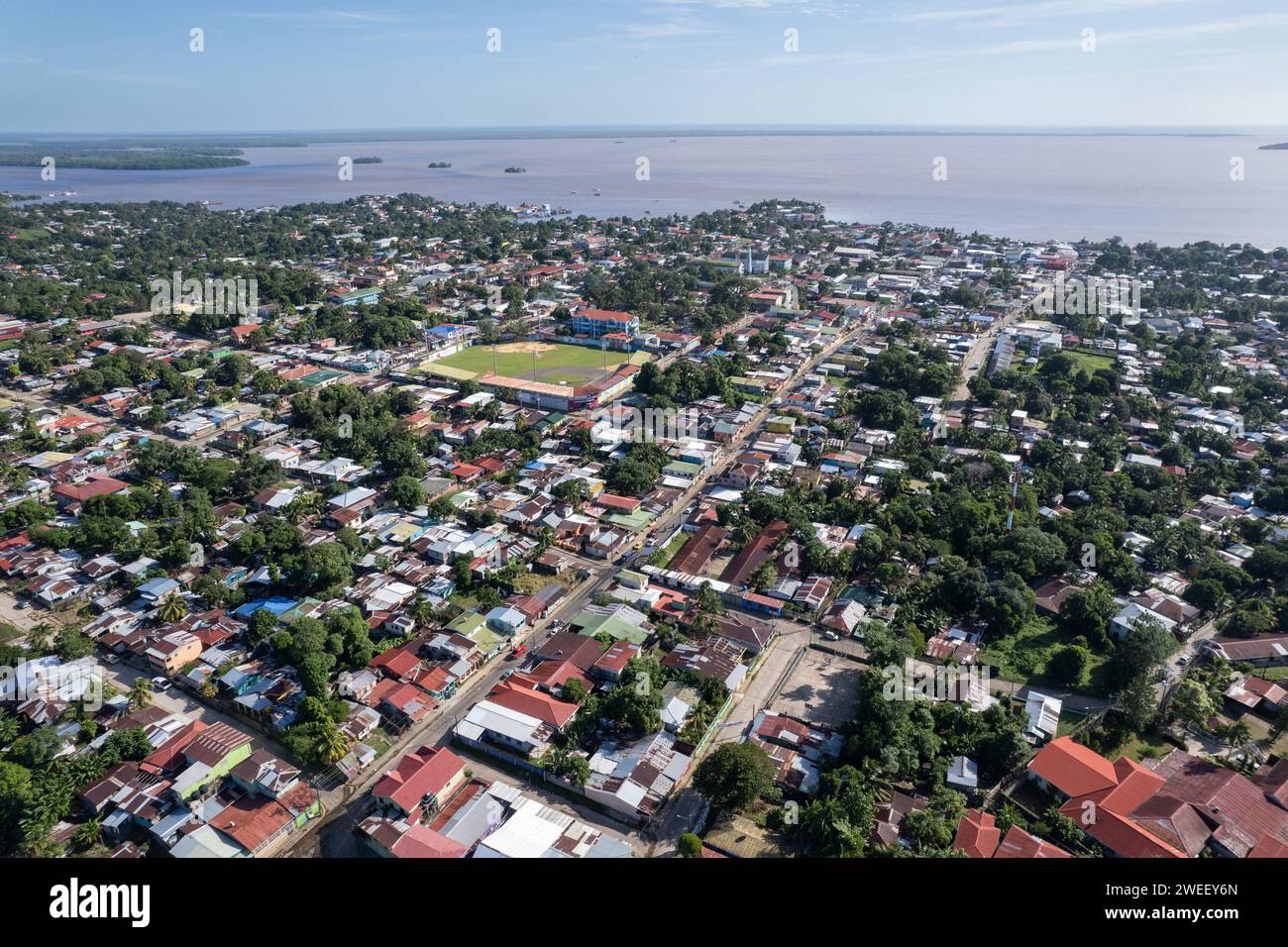 Stadium for baseball in Caribbean town aerial drone view Stock Photo