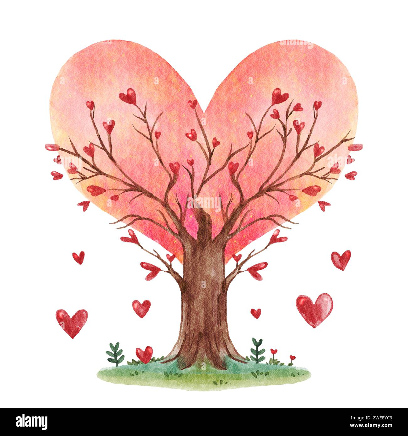 Tree of hearts . Valentines day object . Watercolor painting elements ...