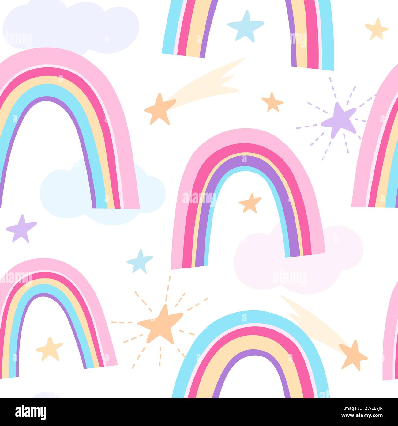 Cute seamless children pattern with rainbows, clouds and stars in boho, flat, doodle style Stock Vector