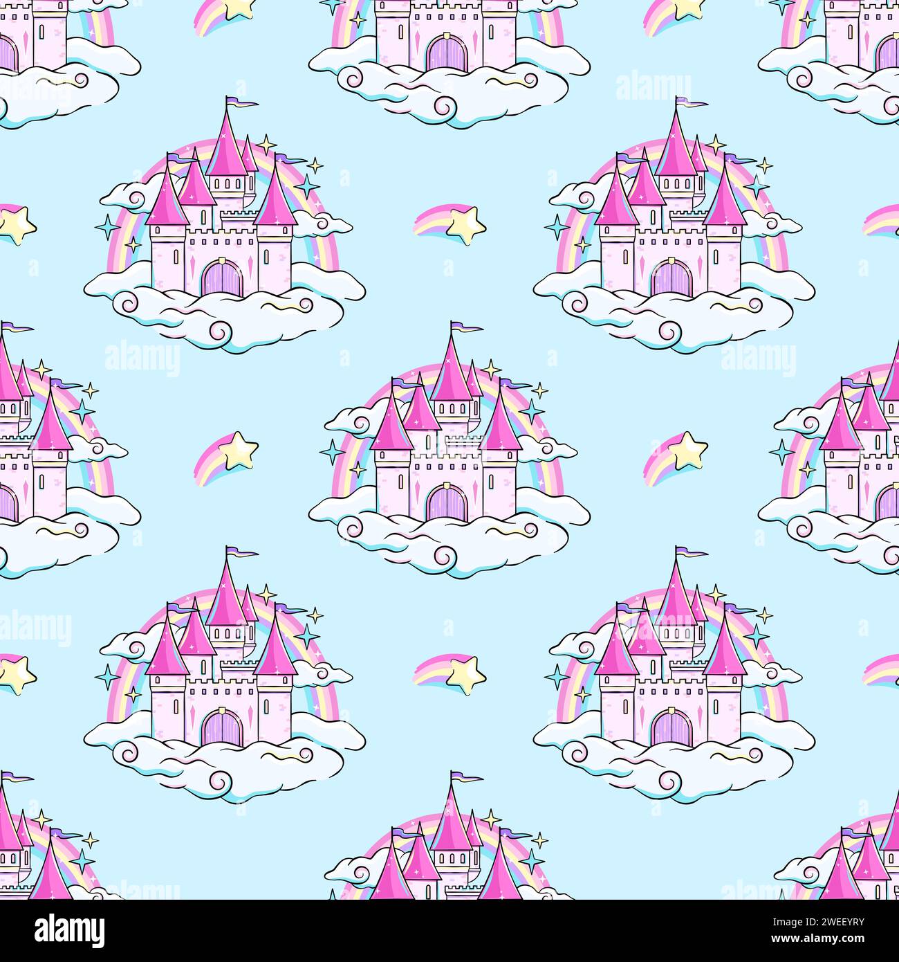 Fairy tale castle in clouds with rainbow behind, seamless pattern, background. Stock Vector