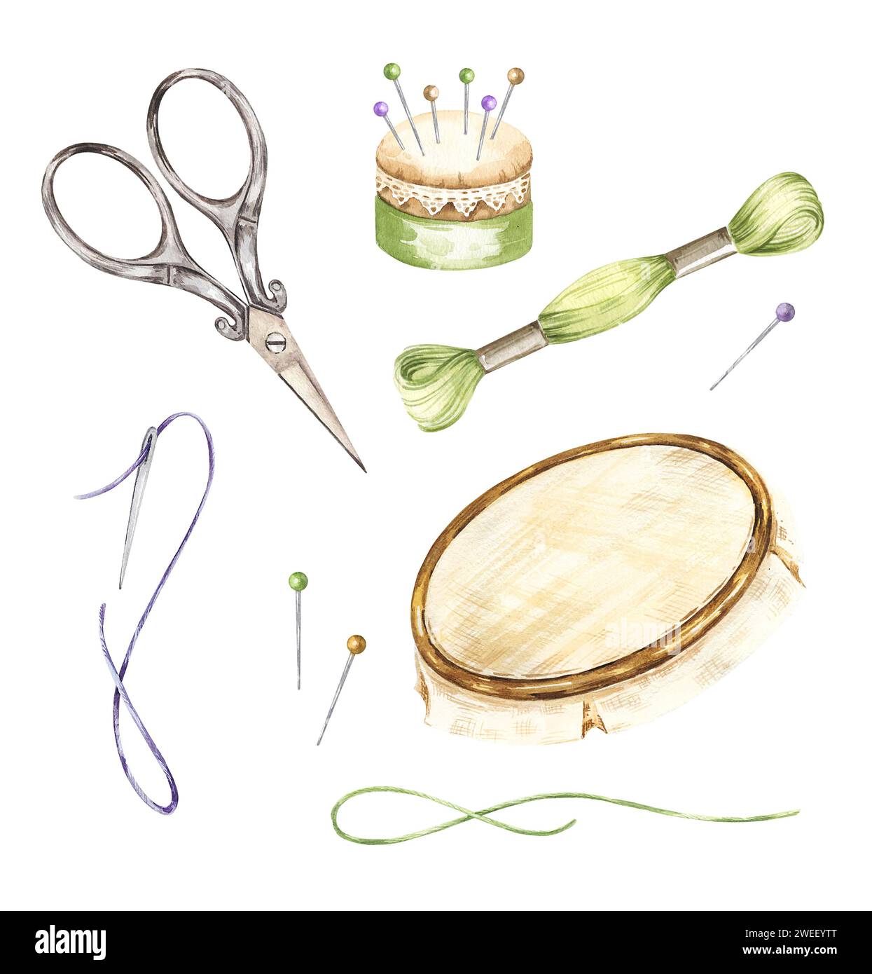 watercolor set of hand made, embroidery tools, hand drawn sketch of