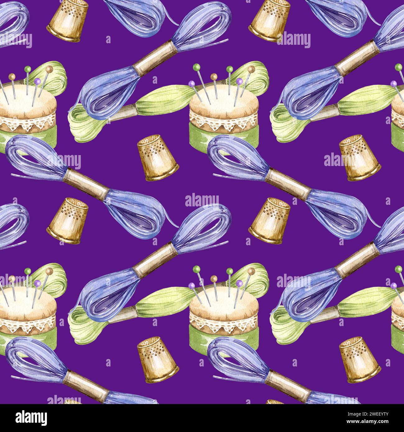 watercolor seamless pattern of embroidery theme, hand drawn sketch of