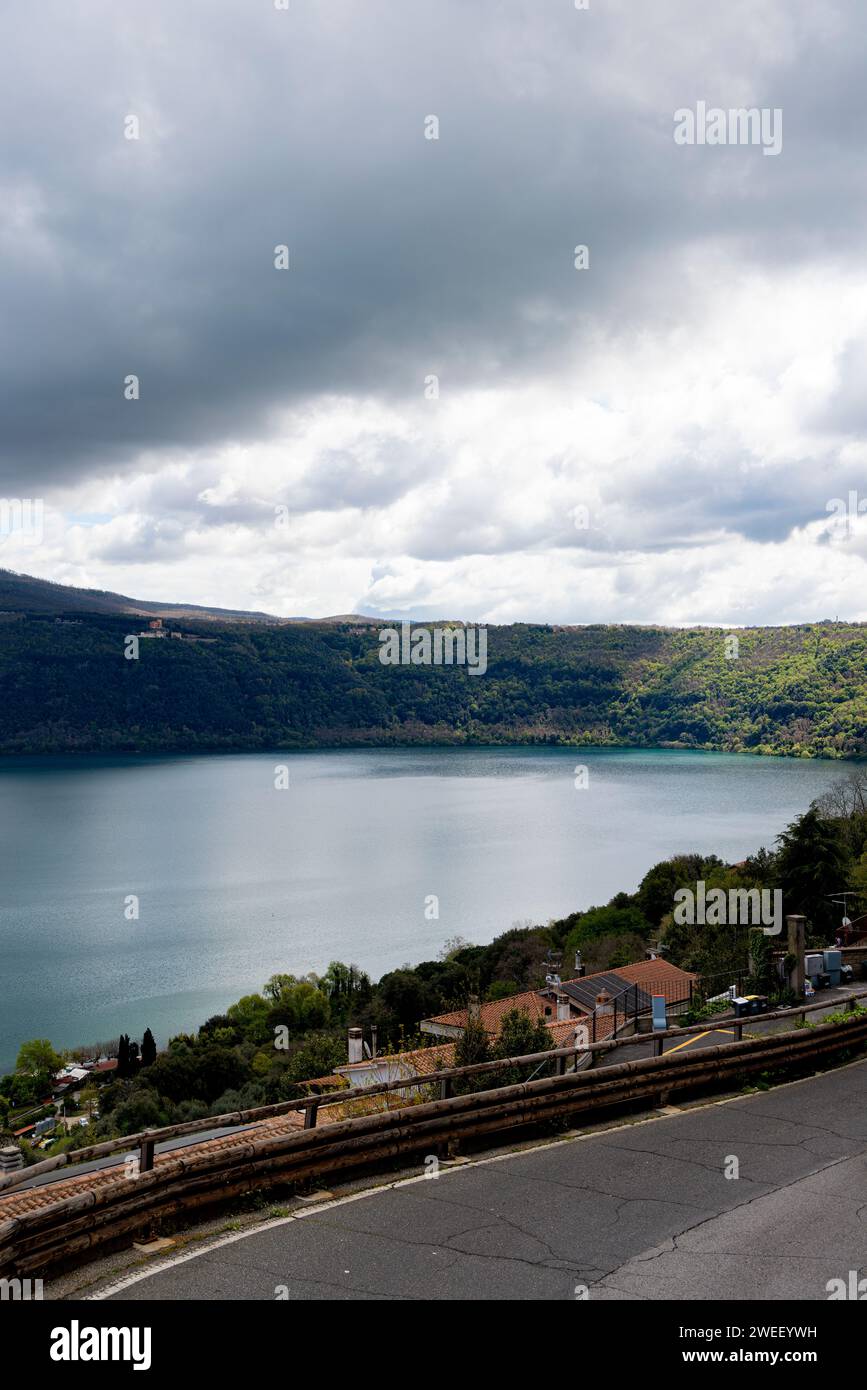 Photograph taken in Castel Gandolfo, Italy, from an elevated perspective, capturing a view of the lake and mountains Stock Photo