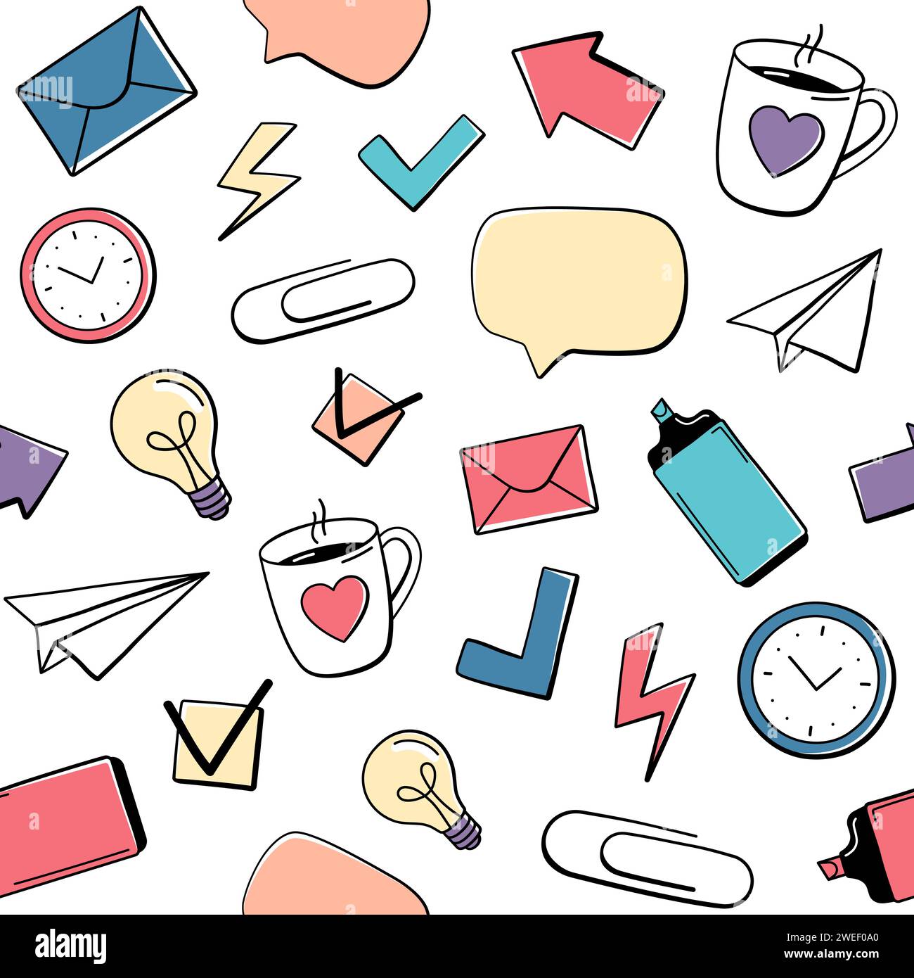 Stationery doodles, drawings, hand drawn icons seamless pattern. Office