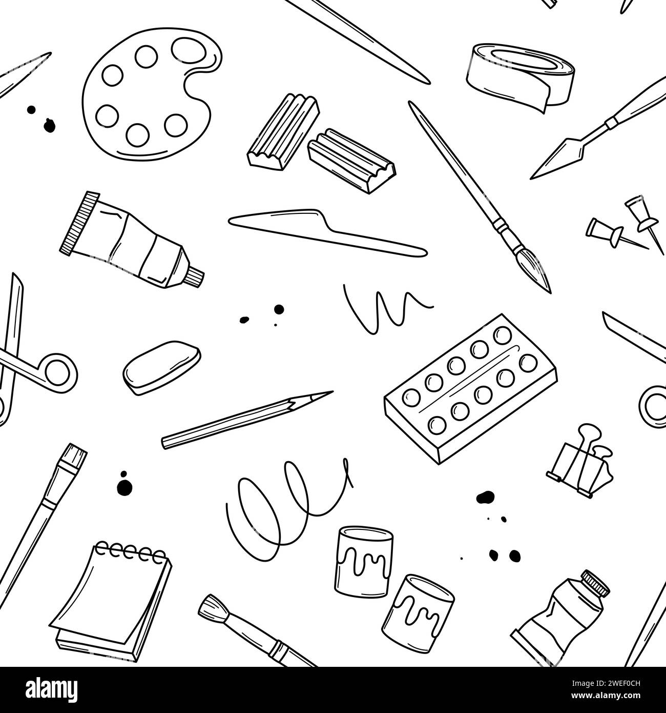 Art supplies seamless pattern. Stationery, paint, artistic objects hand