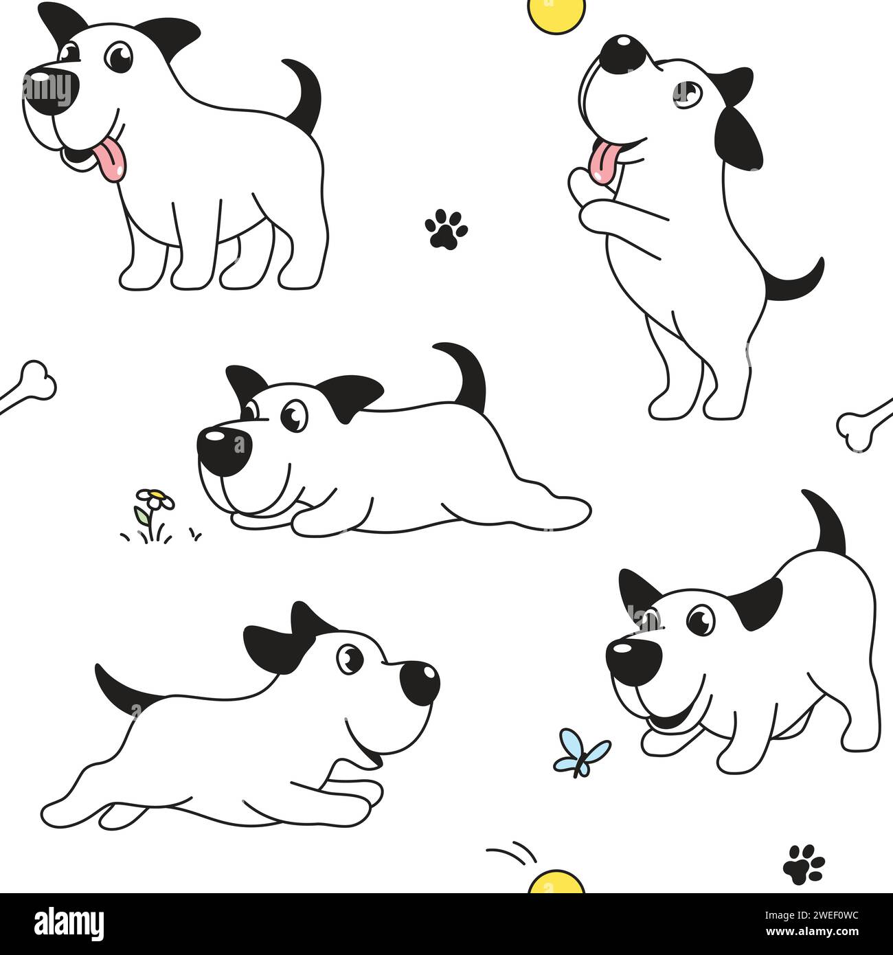 Cartoon dog seamless pattern, background. Funny happy dog, comic ...