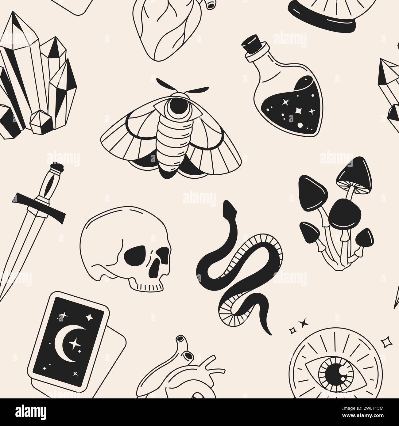 Witchcraft, magic, esoteric, divination, fortune telling objects seamless pattern, background Stock Vector