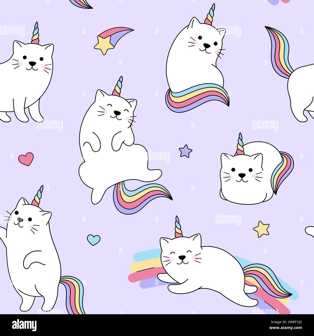 Cat unicorns seamless pattern, background. Fantasy cute rainbow illustrations Stock Vector