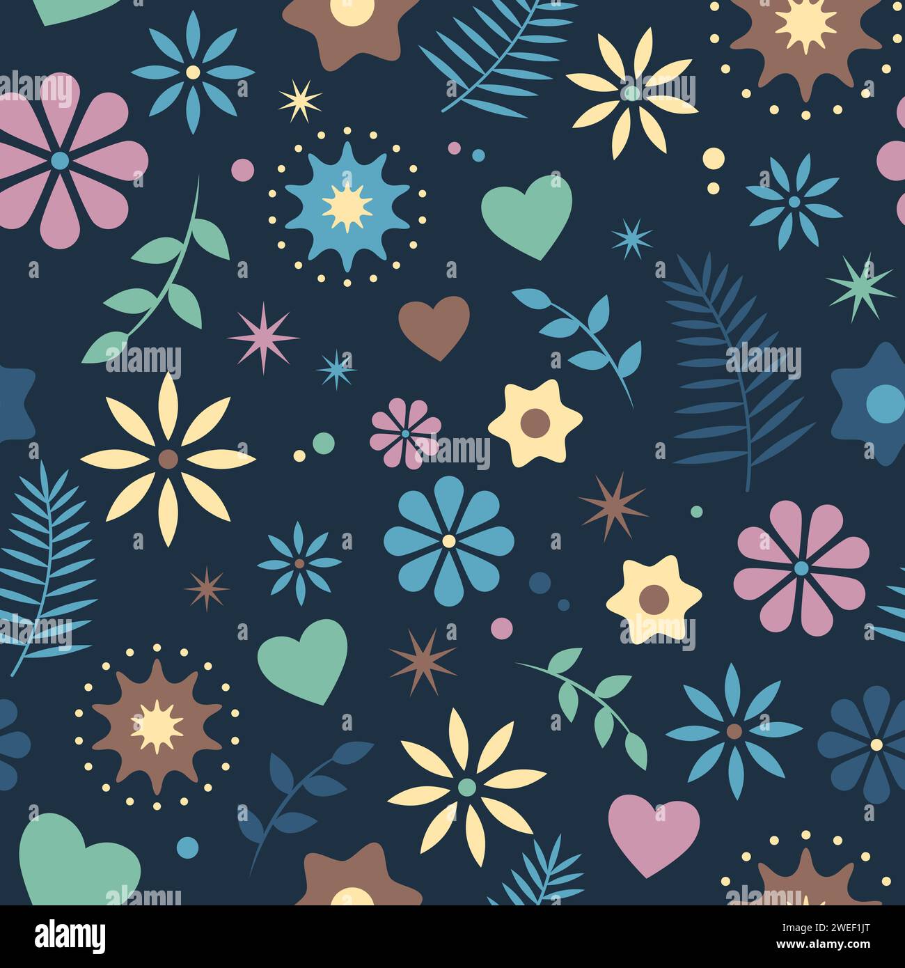 Flowers, branches, leaves and hearts seamless pattern, vector background, simple cute illustration in flat style Stock Vector
