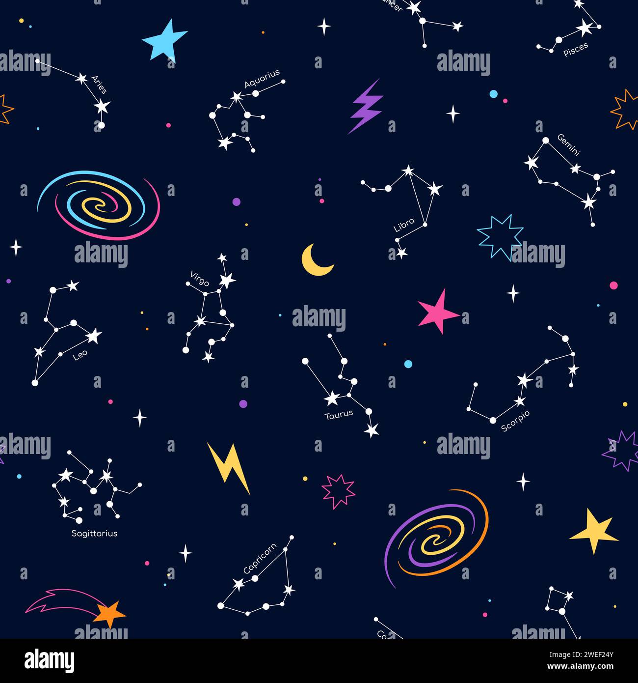 Zodiac constellation seamless pattern, space background. Cartoon, comic doodle illustration with stars, planets, galaxies. Stock Vector