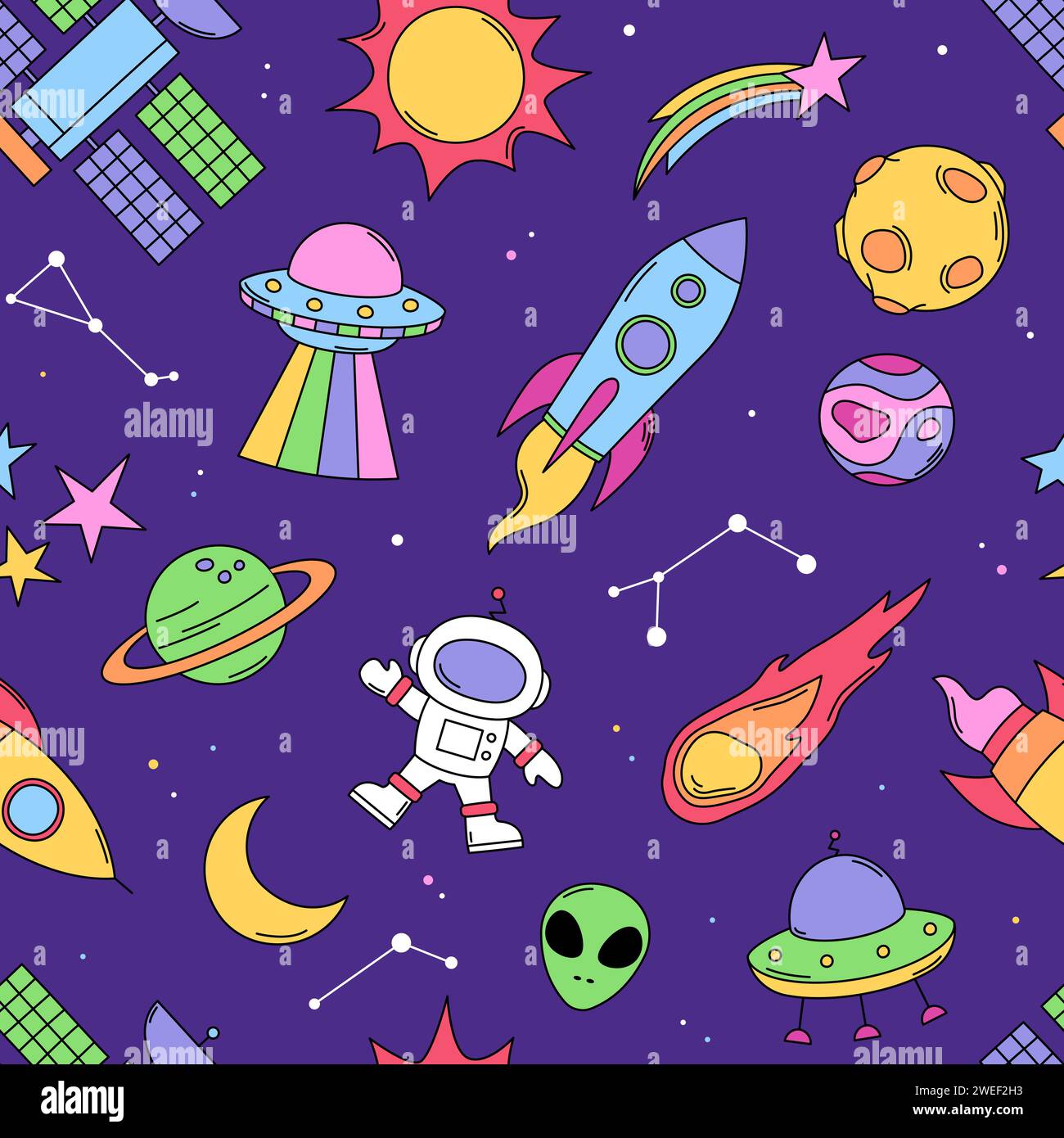 Space, cosmic planets, rockets, ufo seamless pattern, background. Cartoon, comic style vector drawings Stock Vector