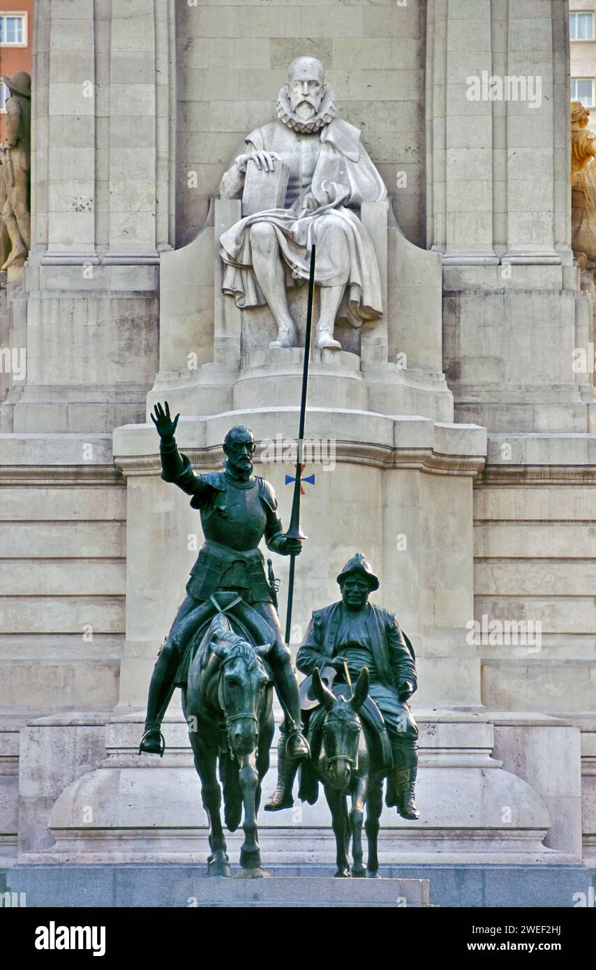Cervantes; Don Quixote, Sancho Panza statues, Plaza de Espana, Madrid, Spain Stock Photo