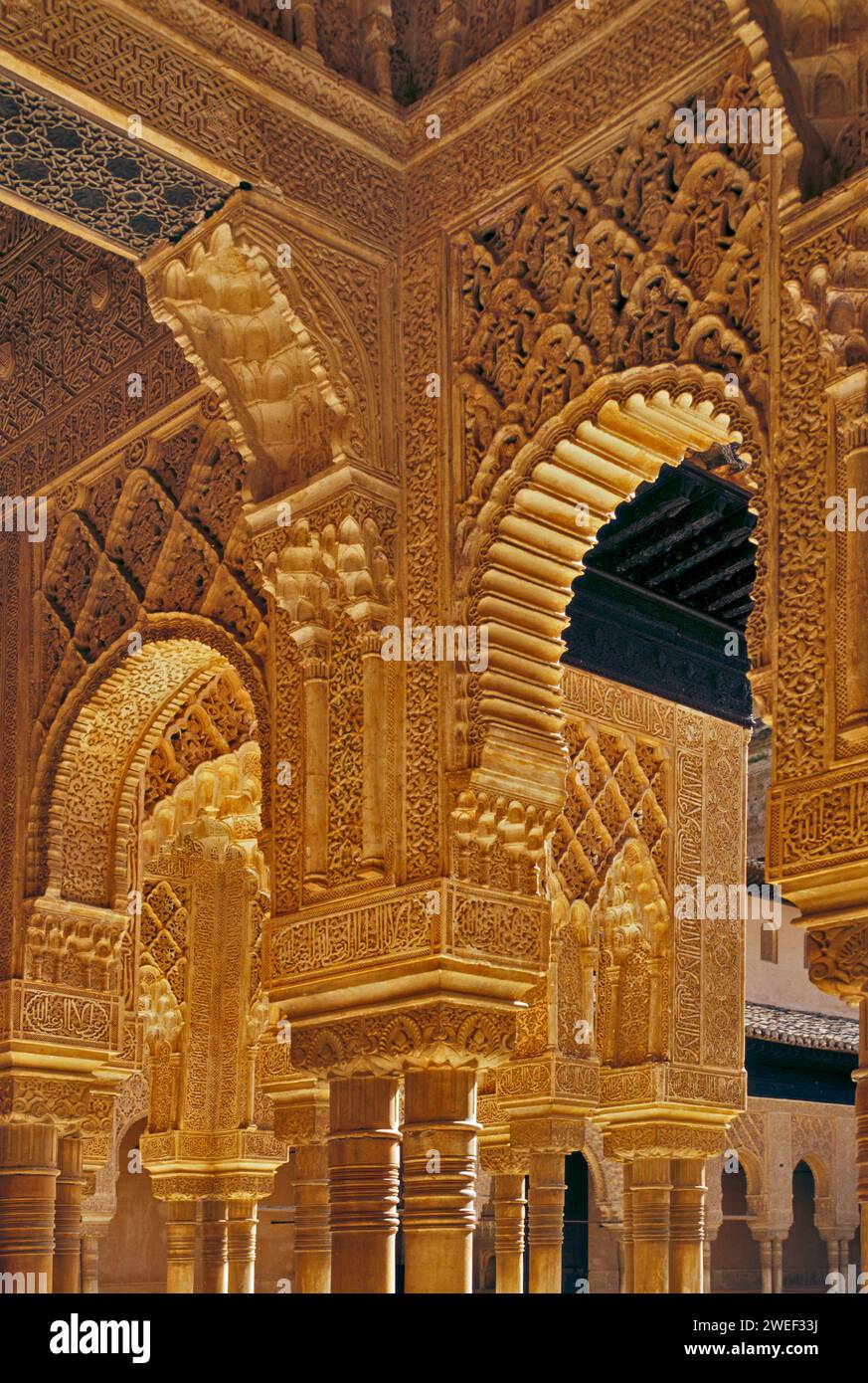 Marble columns at Court of Lions, Patio de los Leones, Alhambra at Granada, Andalucia, Spain Stock Photo