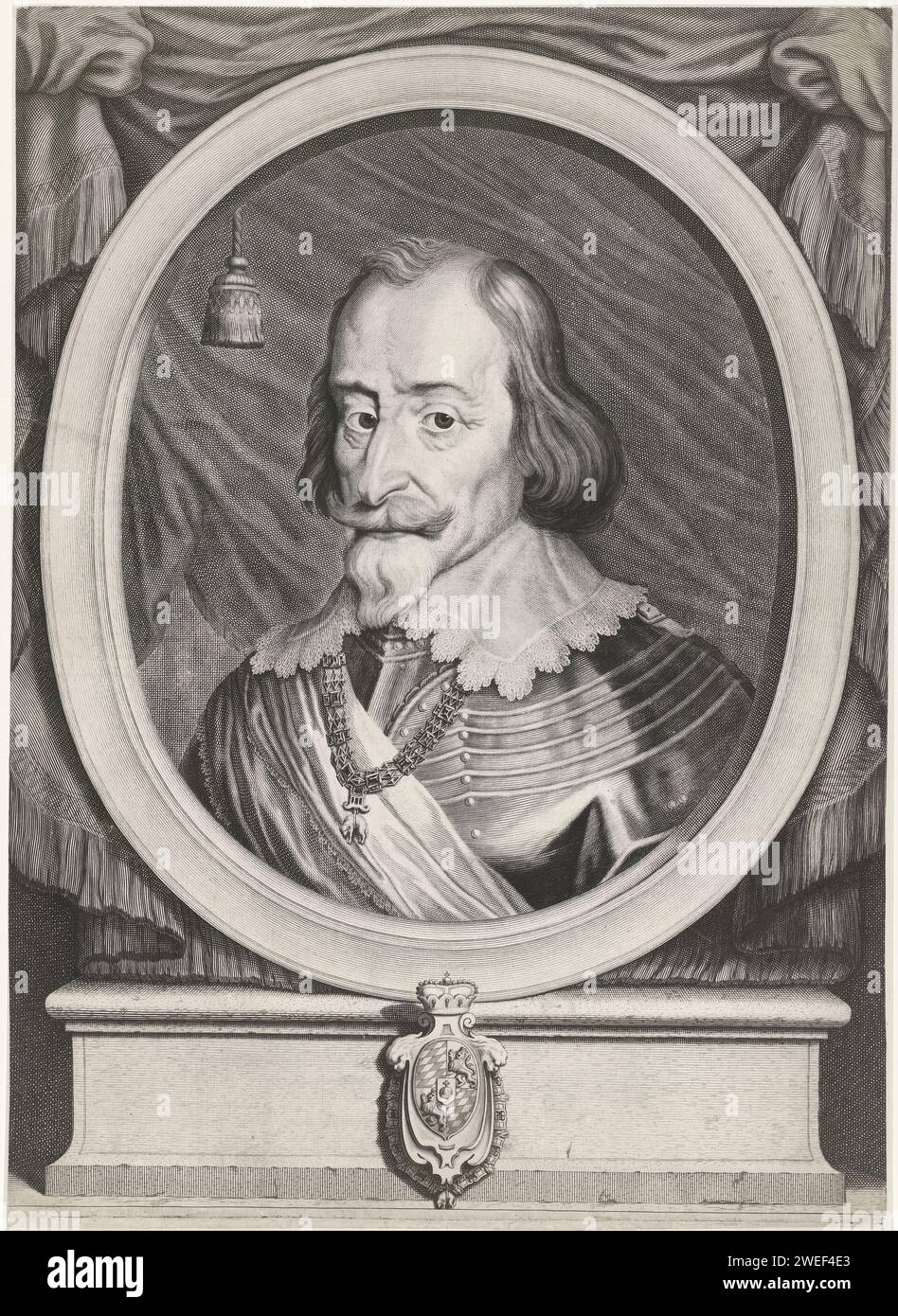 Portrait of Maximilian I van Bavaria, Michel Natalis, After Joachim von Sandrart (I), 1643 print Portrait of Maximilian I van Bavaria, dressed in armor and with sash. The chain of the order of the Golden Fleece hangs on his chest. Bust to the left in Ovaal. In the middle, under the portrait, his weapon. Shutter paper engraving knighthood order of the Golden Fleece - insignia of a knighthood order, e.g.: badge, chain (with NAME of order). armorial bearing, heraldry Stock Photo