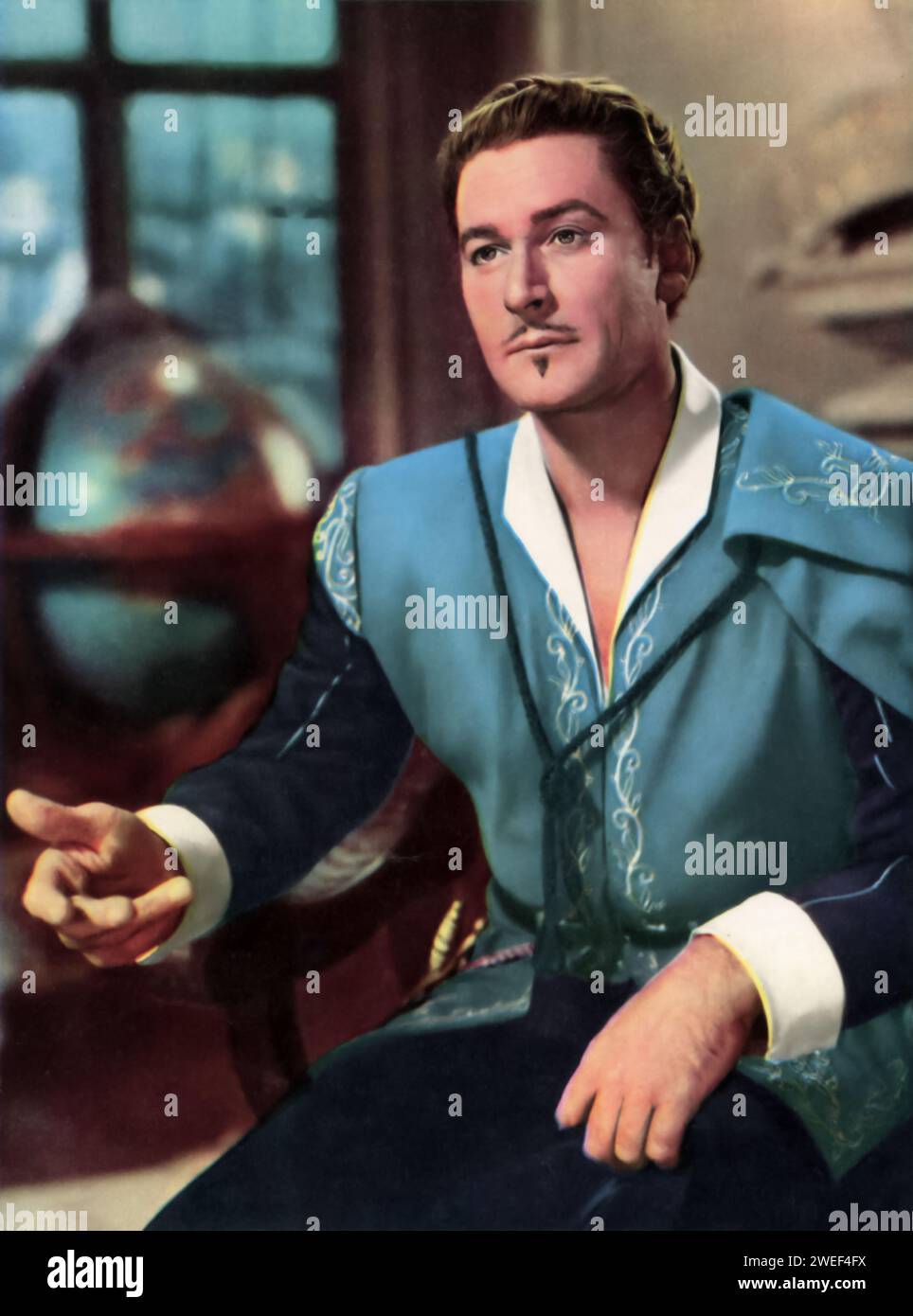 Errol Flynn stars in 'Adventures of Don Juan' (1948), a swashbuckling adventure film that showcases Flynn's charisma and athleticism. In this movie, Flynn plays the legendary lover and swordsman Don Juan, embarking on daring escapades and romantic conquests in the Spanish court. Stock Photo