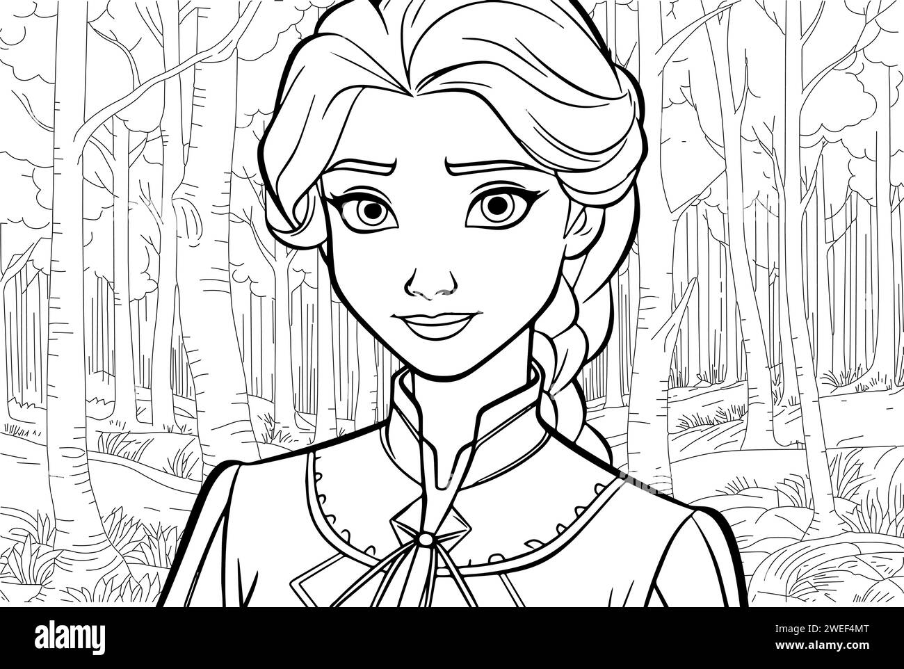 Cute fairy princess portrait coloring page. Outline black ink drawing antistress coloring book northern forest princess isolated on white vector illus Stock Vector