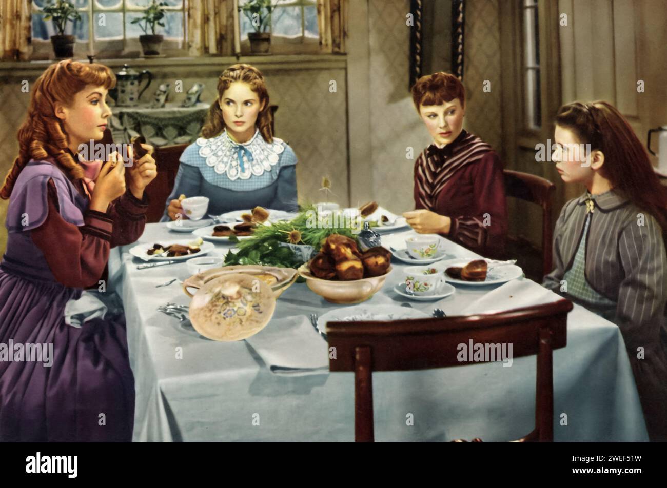Elizabeth Taylor, Janet Leigh, June Allyson, and Margaret O'Brien star in the film adaptation of 'Little Women' (1949), based on Louisa May Alcott's beloved novel. In this classic, Allyson portrays the spirited Jo March, Leigh is the gentle Meg, Taylor shines as the charming Amy, and O'Brien plays the sweet Beth. The film captures the warmth and trials of the March sisters as they grow up during the American Civil War. Stock Photo