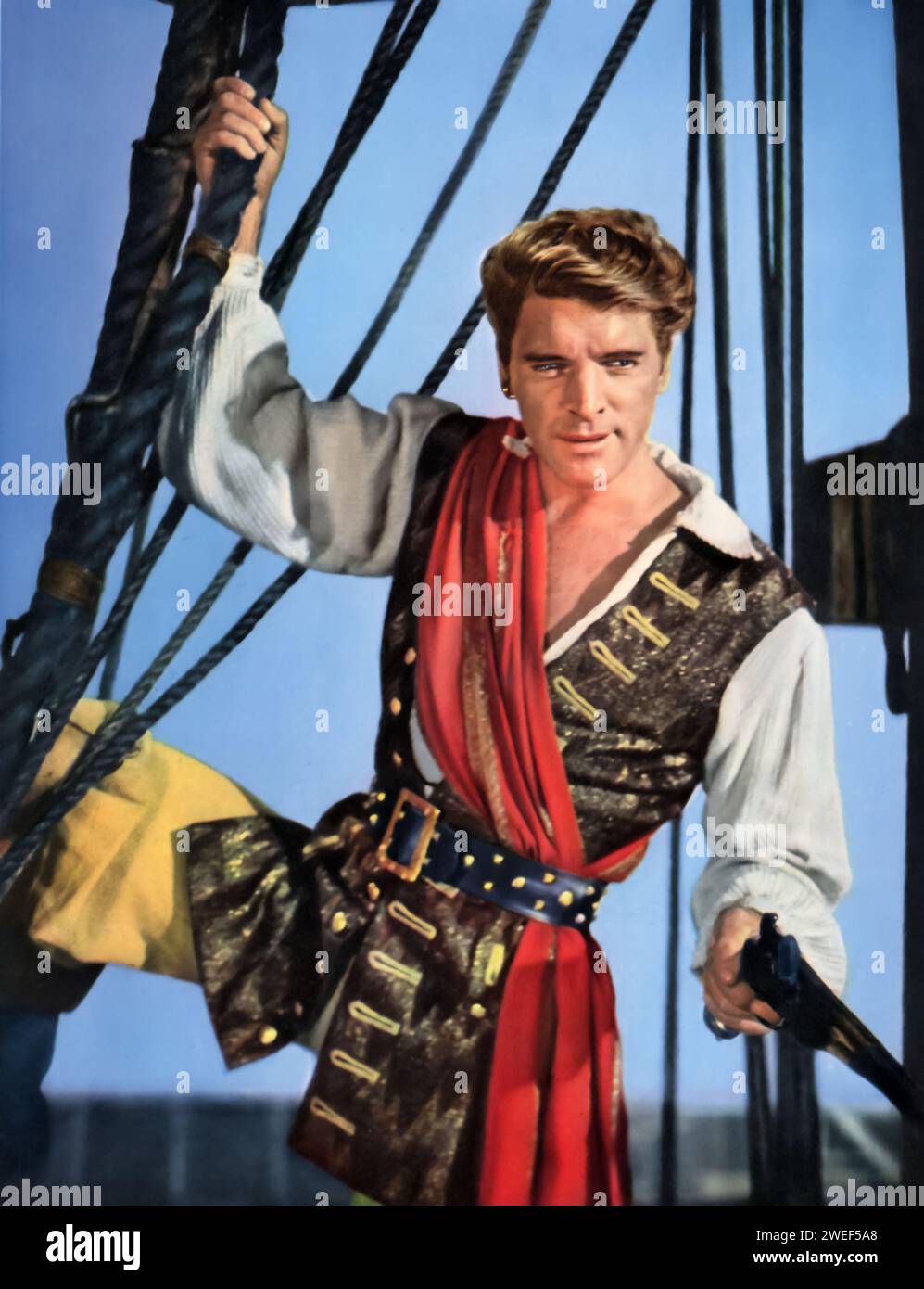 A portrait of Burt Lancaster, renowned for his dynamic role in 'The Crimson Pirate' (1952). In this swashbuckling adventure, Lancaster plays Captain Vallo, a charismatic and athletic pirate. The film is known for its action-packed sequences and Lancaster's acrobatic prowess, which he performed without stunt doubles. Stock Photo