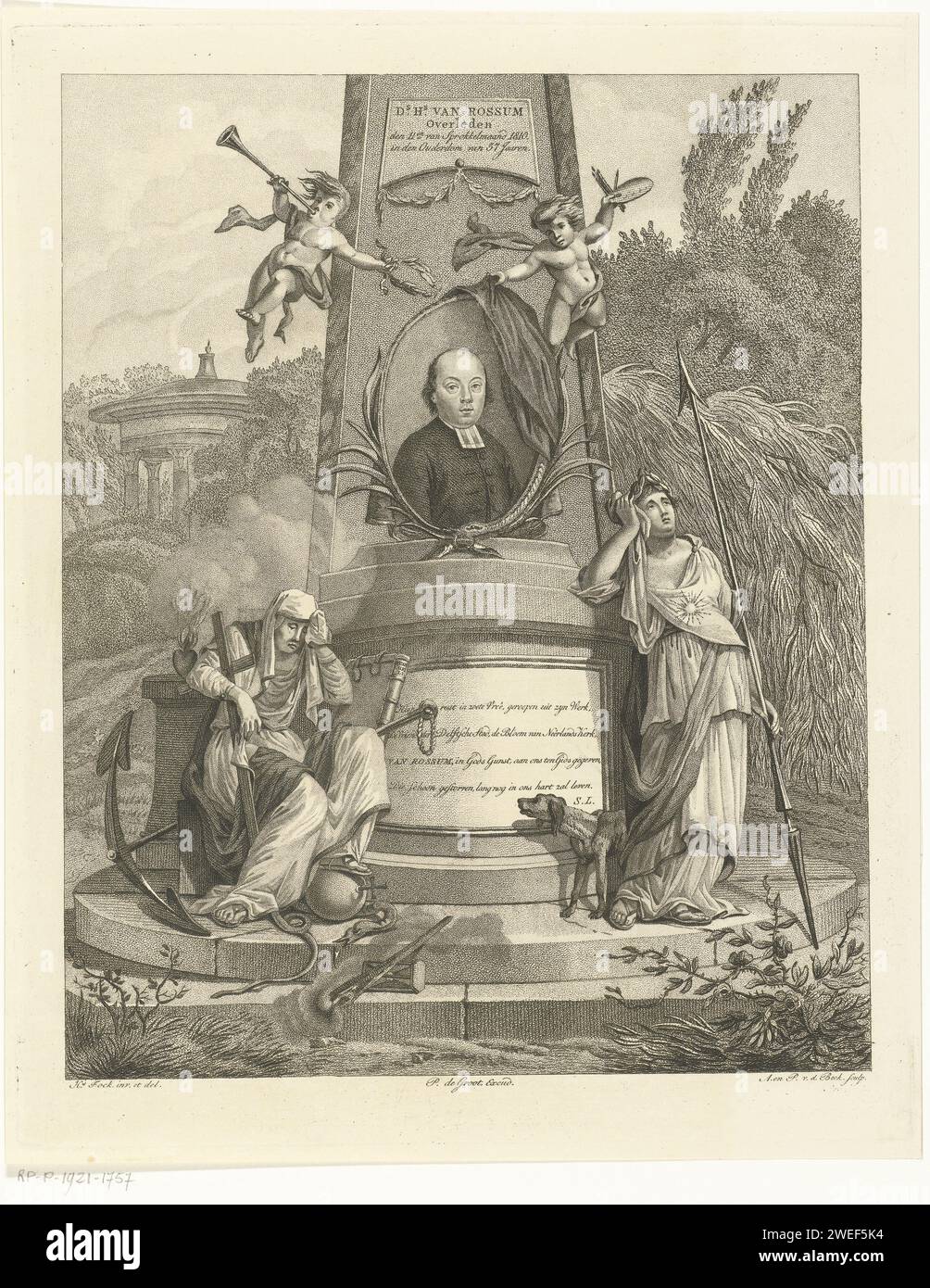 Monument in memory of the death of pastor Van Rossum in Delft with his portrait and two mourning allegorical women, Antonie and Pieter van der Beek, after Hermanus Fock, 1810 print Monument in memory of the death of pastor Van Rossum in Delft with his portrait in oval accompaniment on column. Two female allegorical figures mourn at the monument, on the left is a woman with symbols of faith, hope and love and her foot resting on a rich apple. The other woman holds a rocket and has a star on her chest. There is a praise on the foot of the monument.  paper etching needle, obelisk (marking grave). Stock Photo