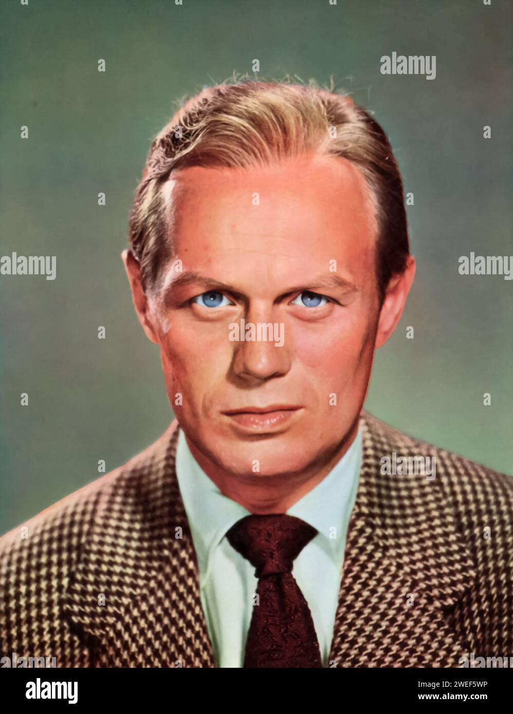 A portrait of actor and star Richard Widmark, famous for his role in 'Halls of Montezuma' (1951). In this war film, Widmark plays Lieutenant Carl Anderson, a Marine Corps officer leading a team of reconnaissance troops during World War II. Set in the Pacific theater, the film focuses on the challenges and dangers faced by Anderson and his men as they embark on a mission to capture a Japanese-held island. Stock Photo