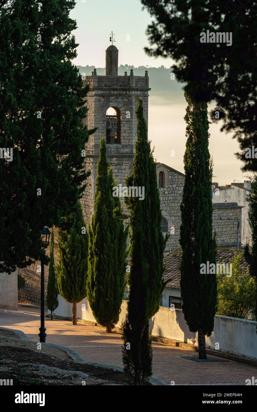 Church tower and village building at Lliber, Costa Blanca, Marina Alta, Alicante province, Spain - stock photo Stock Photo