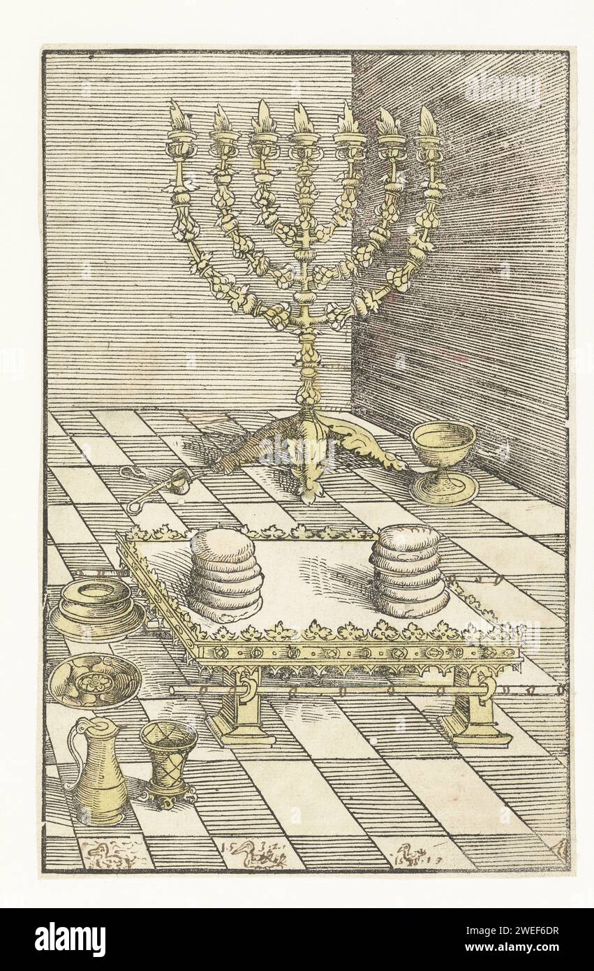 Seven -armed candlestick and table with the showbread, Lucas Cranach (I), 1523 - 1526 print The golden seven -armed candlestick or Menora and the Golden Table with the show bread are in the tabernacle as a sacrifice. On the print, someone later signed three birds at the bottom and noted two years (1513 and 1532) in pen in brown whose meaning is unclear.  paper  'menorah', golden seven-branched candlestick, kept in the Tabernacle. the twelve cakes of the showbread  Jewish religion. (ten) table(s) of the showbread in the Temple  Jewish religion Stock Photo