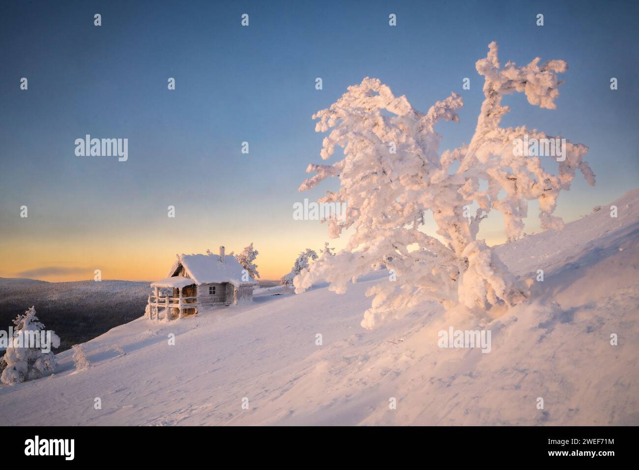 The Santa Cabin on Levi fell in Sirkka, Finland, lapland, at sunset in