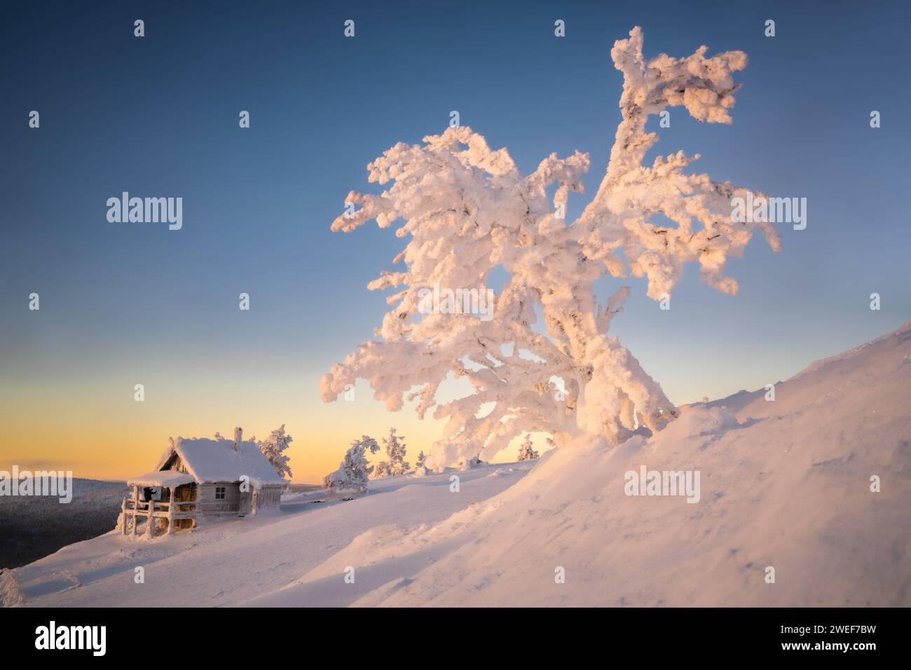 The Santa Cabin on Levi fell in Sirkka, Finland, lapland, at sunset in