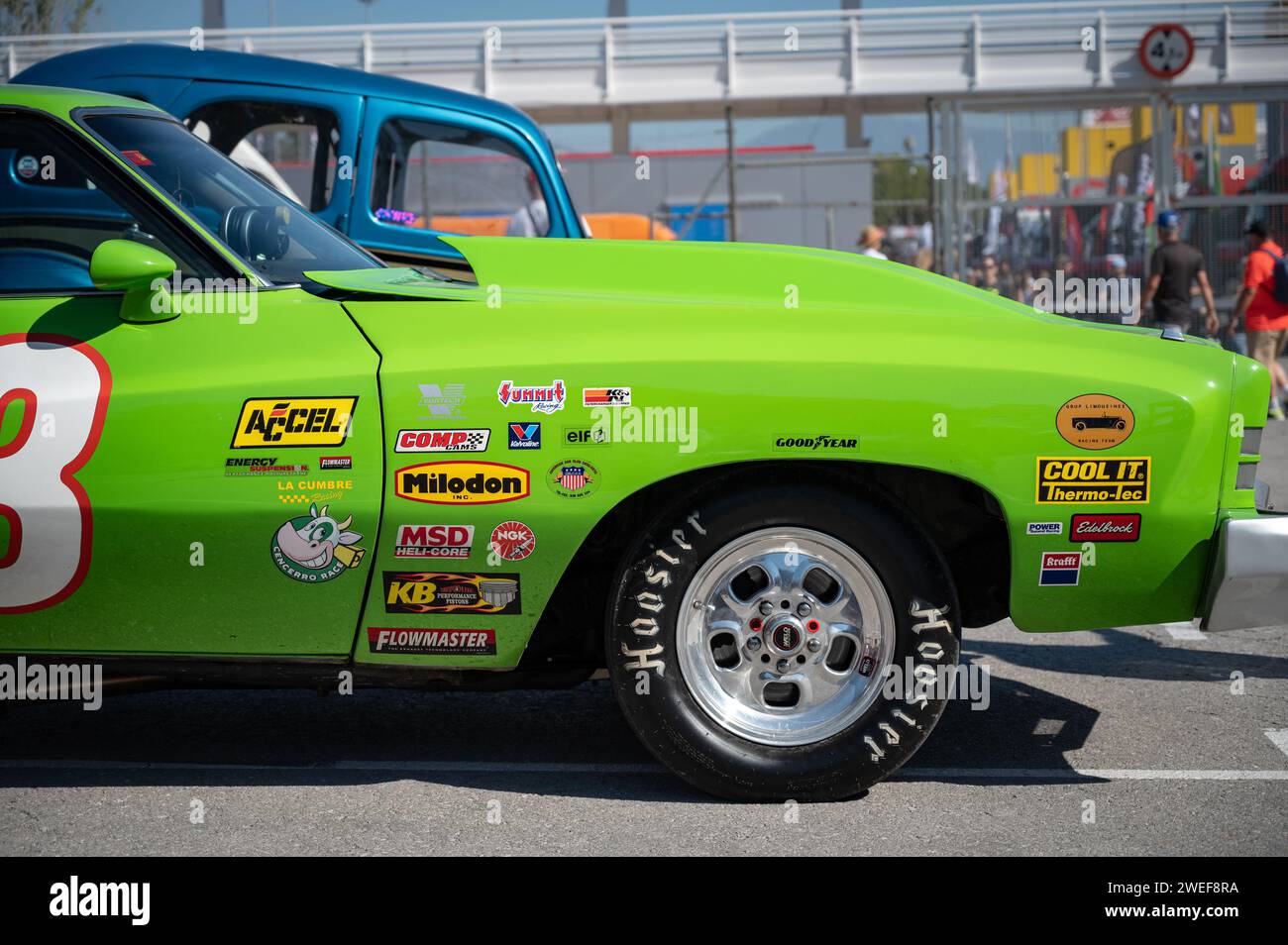 the stickers and sponsors of the green second-generation Chevrolet Montecarlo American muscle car prepared for quarter-mile acceleration races Stock Photo