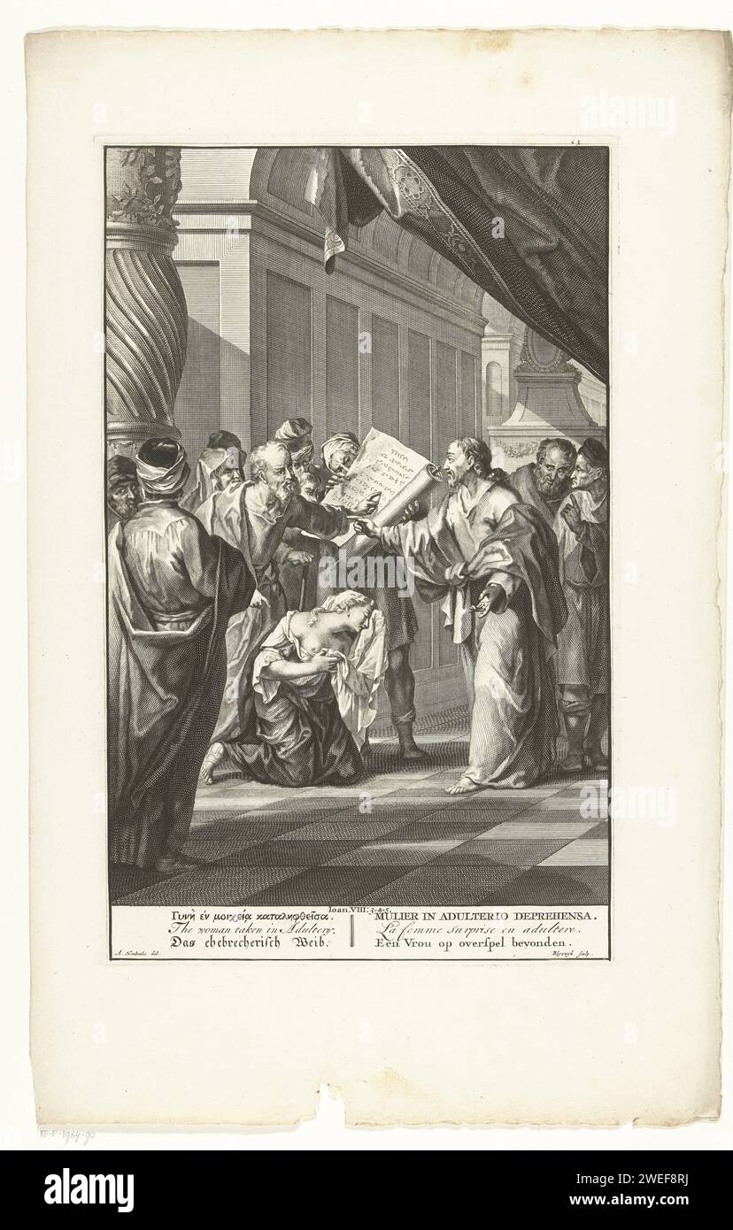 Christ and the adulterous woman, François van Bleyswijck, After Arnold Houbraken, 1728 print The scribes and Pharisees ask Christ what they should do with a woman who has been caught in adultery. A man points to the law of Moses stating that she must be stoned. Under the performance, there is a Bible text from John 8: 3-5 in six languages Leiden paper etching / engraving the dead Christ lying at Mary's feet Stock Photo